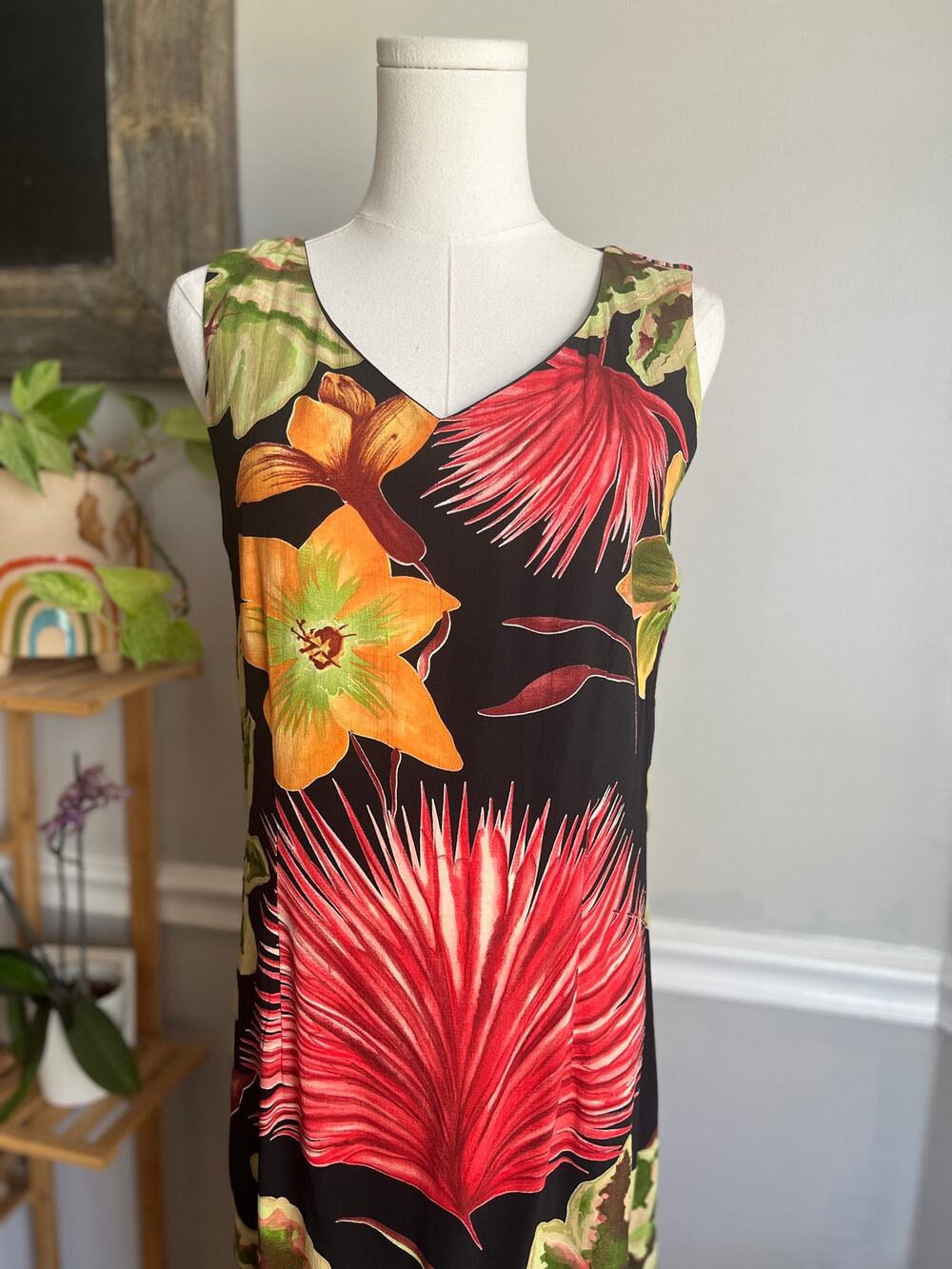 Vintage 90s Sleeveless Maxi Dress Rayon Tropical Plants Caribbean Size Small